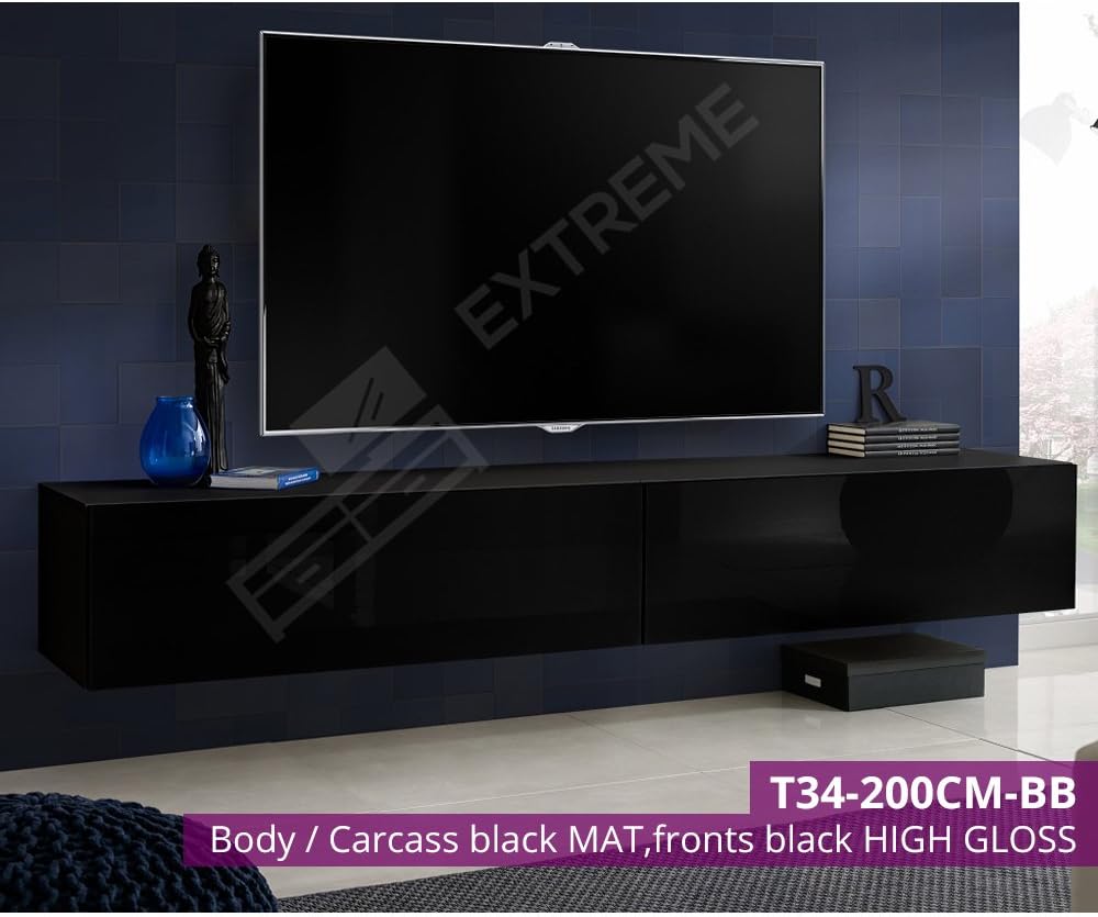 200cm Length Wall Hanged Units 60' Screen Black High Gloss Fronts