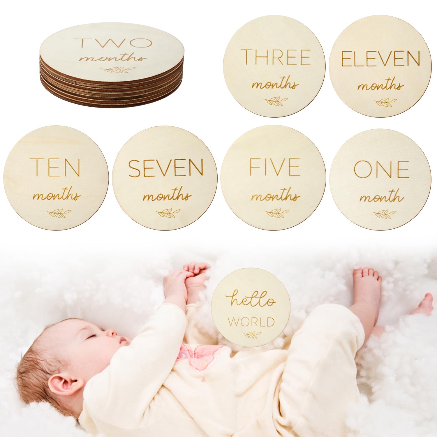 Baby Monthly Milestone Cards, 4 inch 1-12 Months Reversible Wooden Hello World Newborn Sign Keepsake Photo Props Gift for New Parents Commemorating the Growth of Babies or Pregnancy