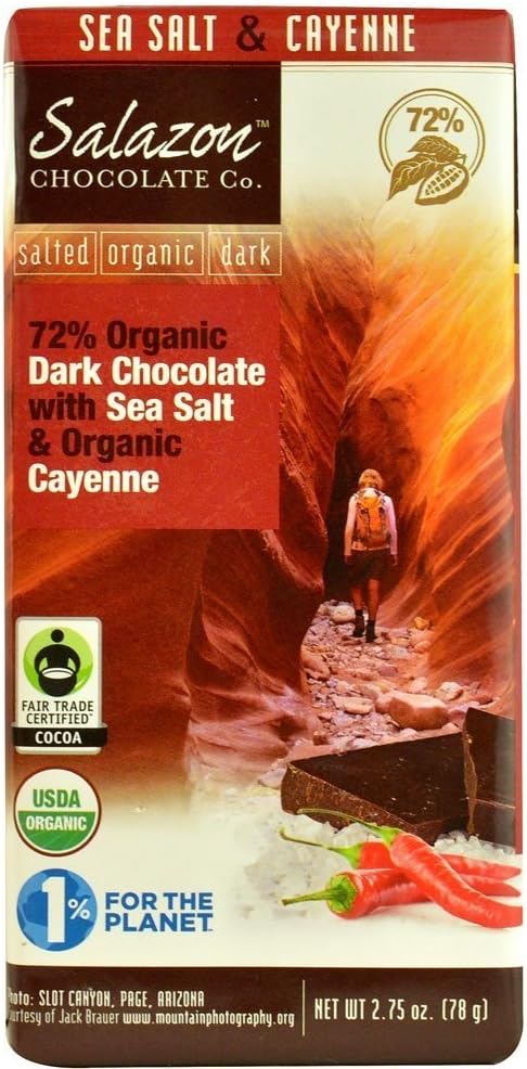 Salazon Organic Dark Chocolate Sea Salt and Cayenne Candy Bar, 2.75 Ounce - 12 per case.