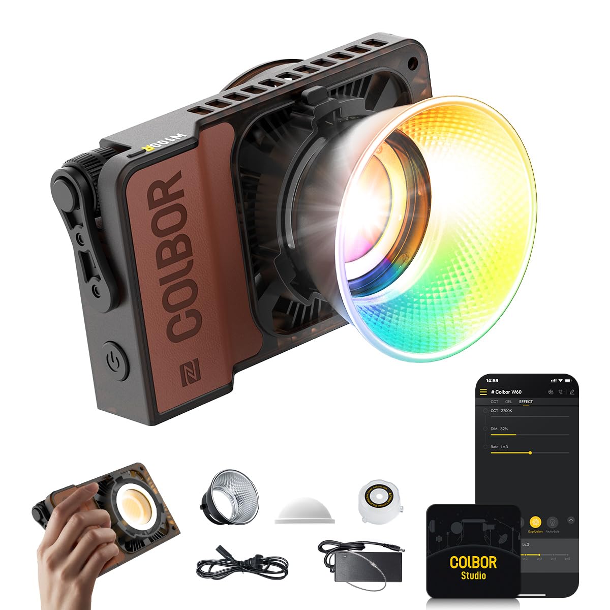 COLBOR Video Light,Wonder W100R 100W RGB Portable 345g Continuous Lighting CRI97+ APP Control with DC/TypeC Connector for Indoor&Outdoor Filming Live Streaming,Video-Photography-LED-Light-RGB