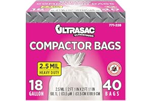 Ultrasac Trash Compactor Bags - (40 Pack with Ties) 18 Gallon for 15 inch Compactors - 25" x 35" Heavy Duty 2.5 MIL Garbage Disposal Bags Compatible with Kitchenaid Kenmore Whirlpool GE Gladiator