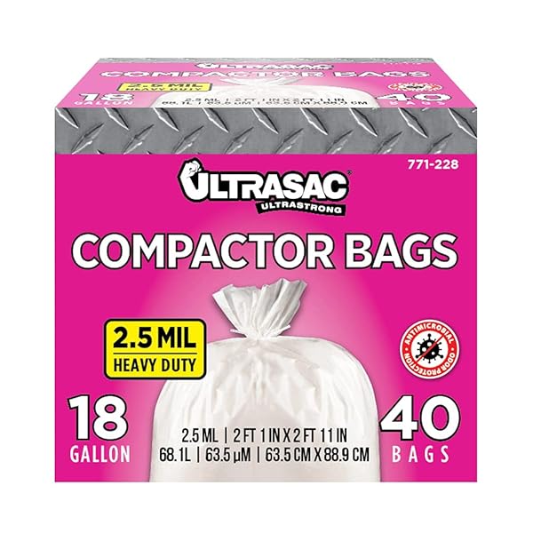 ULTRASAC TRASH COMPACTOR BAGS – (40 PACK WITH TIES) 18 GALLON FOR 15 INCH COMPACTORS – 25″ X 35″ HEAVY DUTY 2.5 MIL GARBAGE DISPOSAL BAGS COMPATIBLE WITH KITCHENAID KENMORE WHIRLPOOL GE GLADIATOR