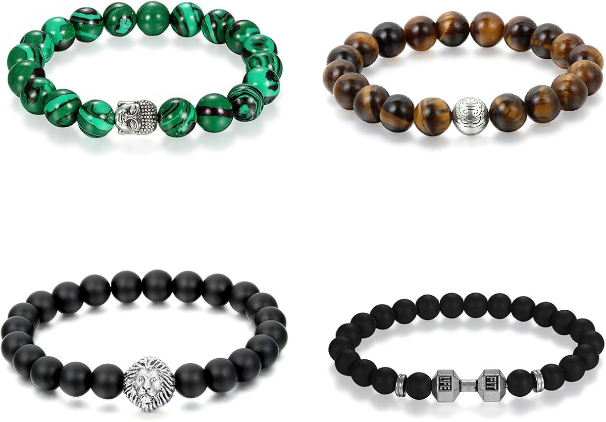 Cupimatch 4 Pieces Lion Head Charm Beads Mala Prayer Buddha Bracelet Gift Set for Men Women