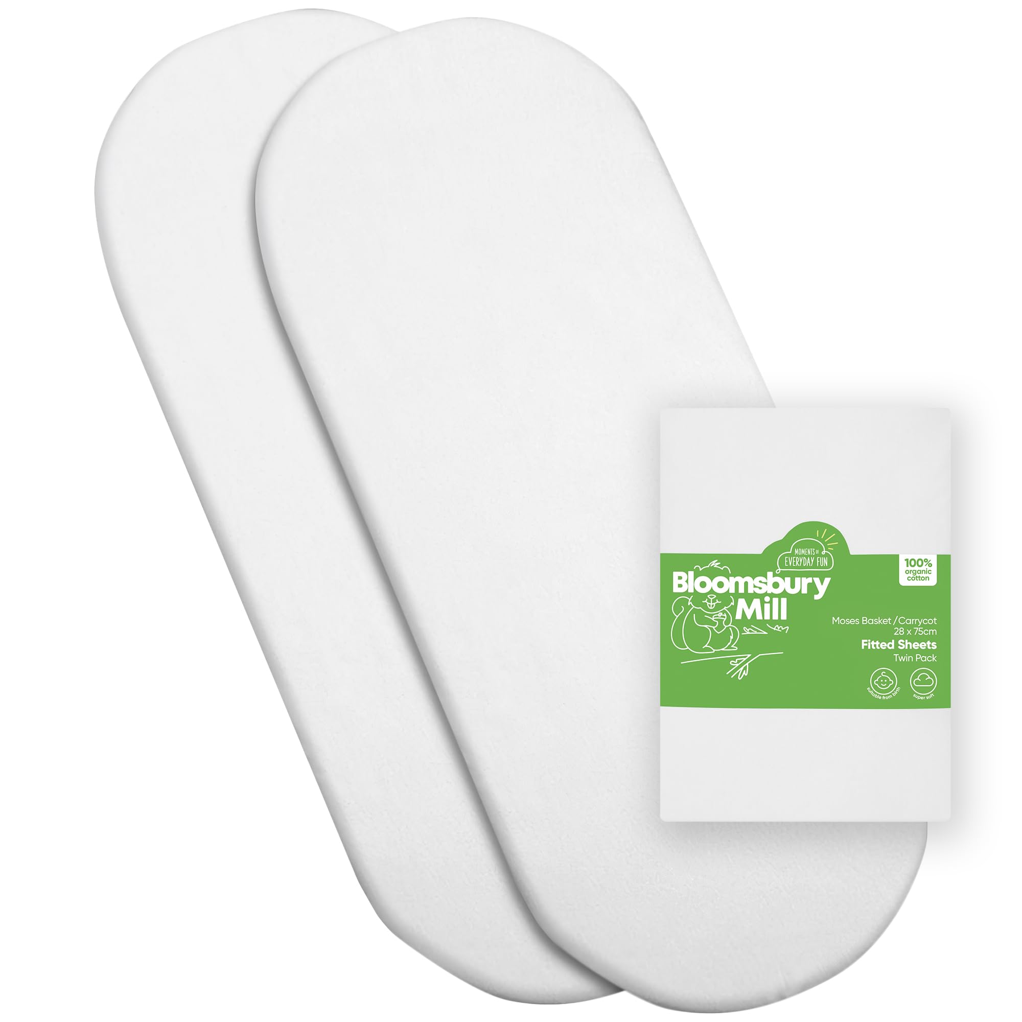 Bloomsbury Mill - Moses Basket Sheets - 28x75 cm - 2 Pack - 100% Organic Cotton - Soft and Breathable Moses Basket Fitted Sheet for Baby Bedding & Mattress - Plain White