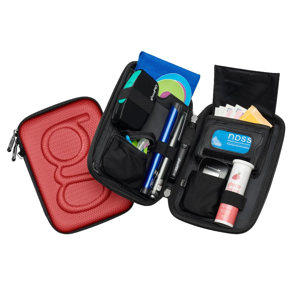 Glucology™ Diabetic Travel Case Plus Size - Organizer for Blood Sugar Test Strips, Medication, Glucose Meter, Pens, Insulin Syringes, Needles, Lancets - Hardshell Carrier Pack - Classic, Red