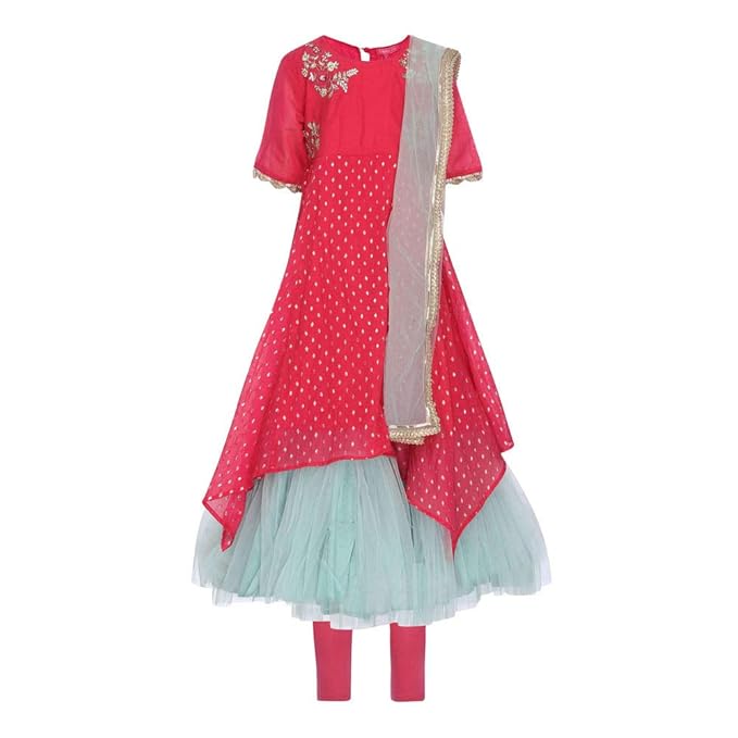 Girls' Asymmetrical Hemline Regular Fit Salwar Suit Set