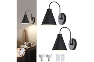 Powfloven Vintage Cordless Gooseneck Battery Operated Wall Sconces Set of 2, Black Bedside Battery Powered Wall Decor Lamps with Remote Control, Wireless Indoor LED Lights Fixture for Hallway Bedroom