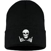 Embroidered Skeleton Beanie Hat Winter Stretch Knit Skull Cap for Men Women | Unisex Gothic Style Graphic Skeleton Beanie Warm Knitted Beanies Caps with Cuffed Design Hats One Size Suitable for All Ages
