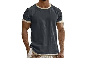 Linen Shirts for Men Casual Short Sleeve Crewneck Tshirts Lightweight Summer Vacation Trendy Tops