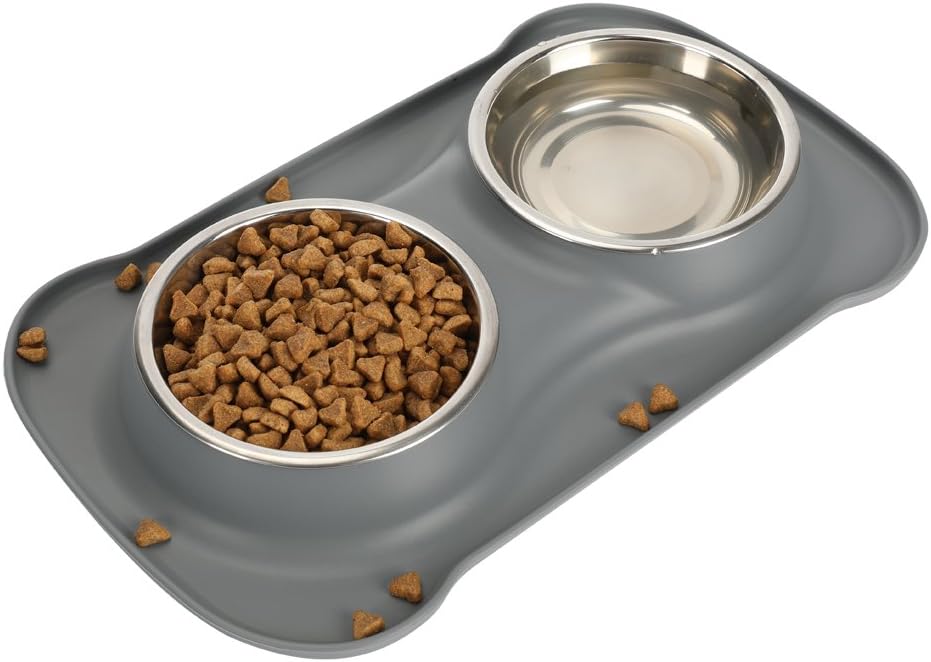 Tugia Pet Food & Water Bowls - No Spill Non Skid Silicone Mat & Double Stainless Steel Bowls for Cats & Puppies (S, Grey)