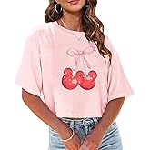 Magical Shirts for Women Bow Cherries Crop Shirt Cute Aesthetic Tee Trendy Vacation Short Sleeve Loose Casual Top