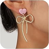 Gold Bow Earrings for Women Red Pink Heart Bowknot Dangling Earring Ribbon Bow Stud Trendy Valentine's Day Birthday Prom Party Jewelry Gifts