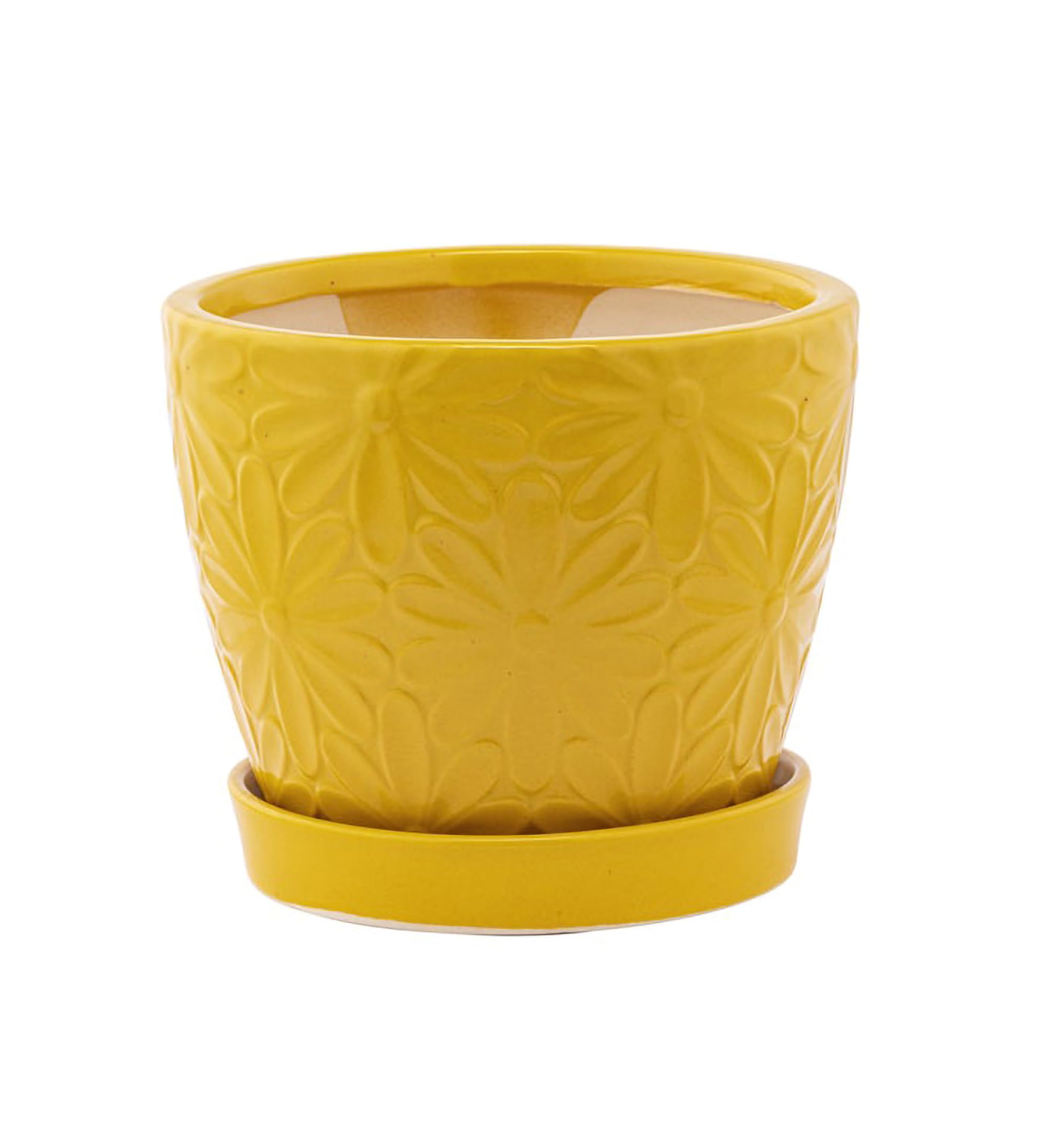 Photo 1 of Napco Imports Embossed Daisy Design Ceramic 4.75 x 4.75 Inch Dandelion Yellow Indoor Standing Planter Pot with Drain Hole and Attached Saucer