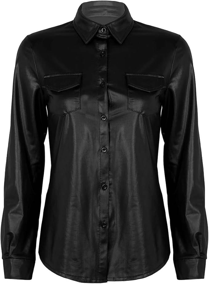 YiZYiF Women's Fashion Metallic Faux Leather Nightclub Long Sleeve Button Down Shirts Top Black 