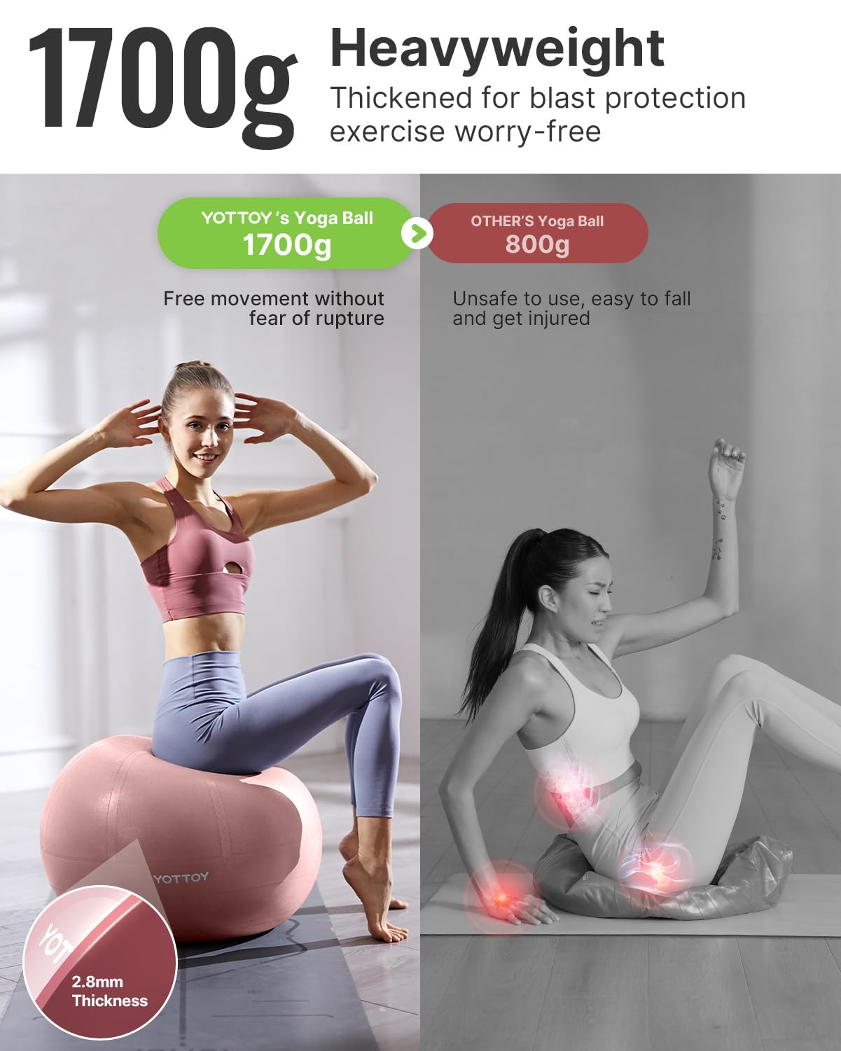 YOTTOY Anti-Burst Exercise Ball for Working Out, Yoga & Pregnancy, Extra Thick Workout Ball for Physical Therapy & Fitness