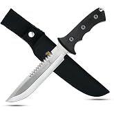 Elk Ridge 082 Series Outdoors Fixed Blade Knife with Reverse Serrations- 12.5-in Overall, Satin Finish Stainless Steel Blade, Full Tang, Black Wood Handle, Nylon Sheath - Camping, Hunting, Survival