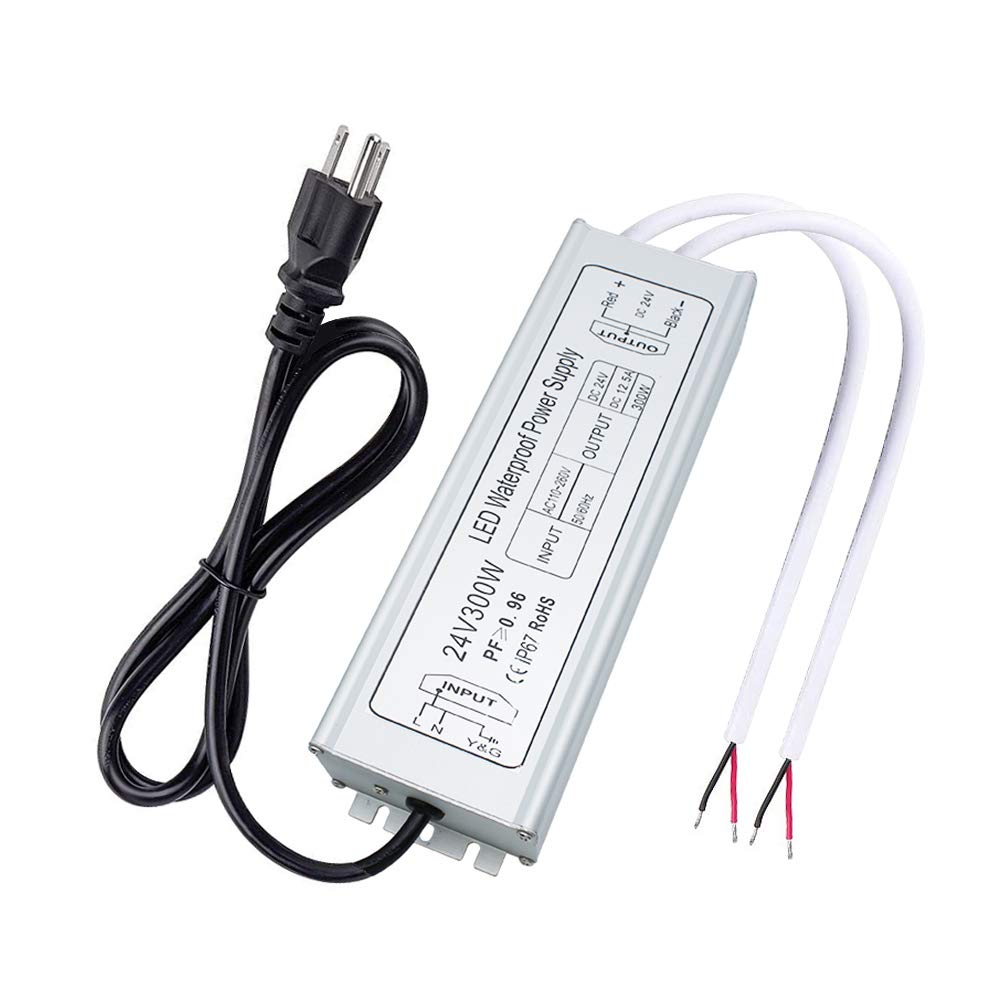 Photo 1 of inShareplus LED Driver, 300W IP67 Waterproof Outdoor Power Supply, AC 110-260V to DC 24V 12.5A Low Voltage Transformer, Adapter with 3-Prong Plug for LED Light, Computer Project, Outdoor Use