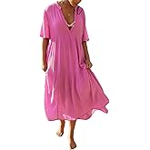 R.Vivimos Womens Summer Cotton Flowy Maxi Dress Short Sleeve V Neck Empire Waist Boho Tiered Ruffle Casual Loose Long Dresses