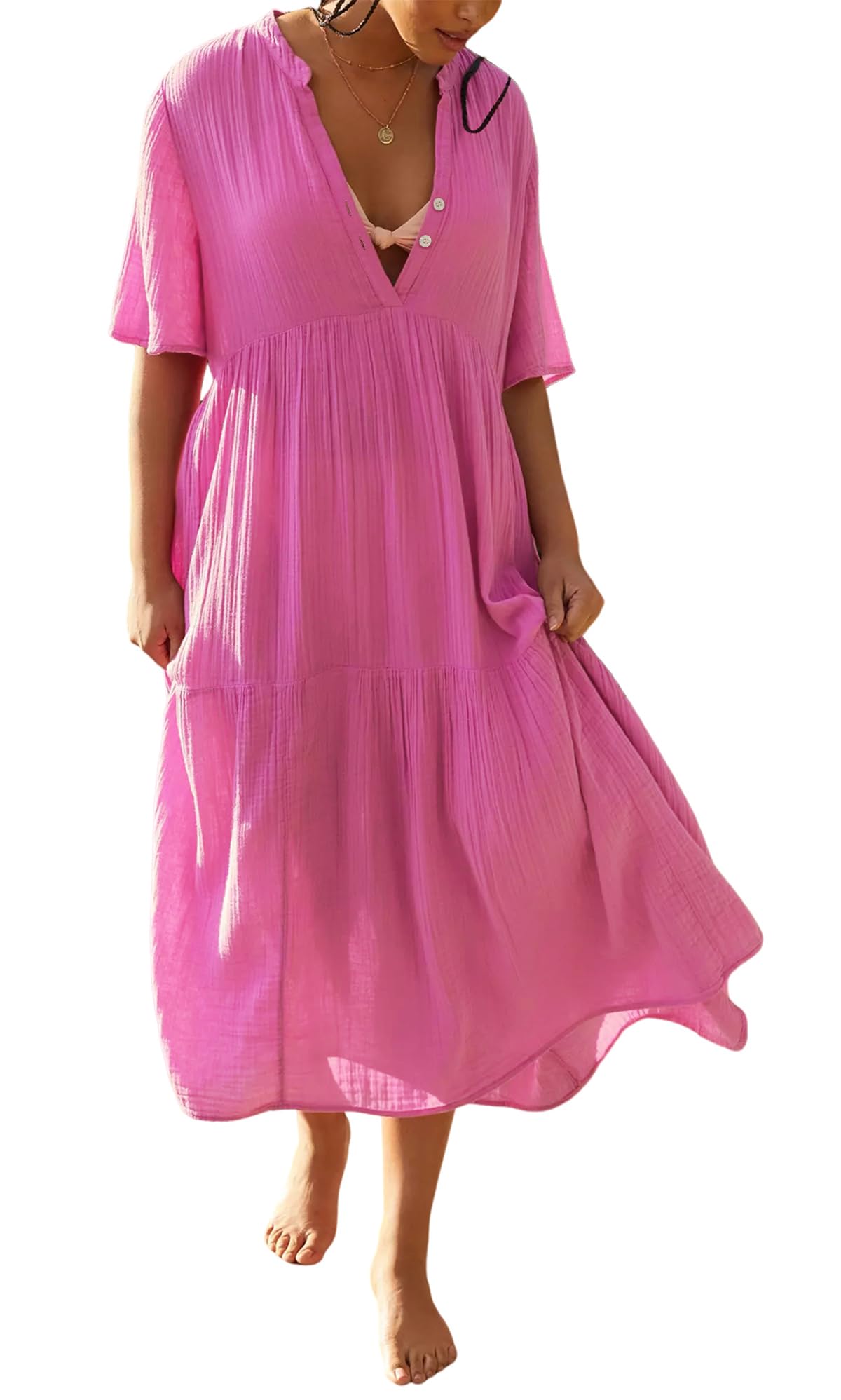 Photo 1 of ***torn needs sewing*****R.Vivimos Womens Summer Cotton Flowy Maxi Dress Short Sleeve V Neck Empire Waist Boho Tiered Ruffle Casual Loose Long Dresses (Large, Pink)