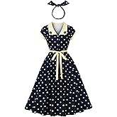 Wellwits Women's Polka Dot Floral Collar Work Party Smart Elegant Vintage Dress