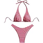WDIRARA Women's Striped Bikini Sets Halter Thong Swimsuit 2 Piece Bathing Suit