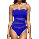 Holipick Women Strapless Bandeau One Piece Swimsuits Sexy Mesh Cutout Bathing Suits Tummy Control Swimwear