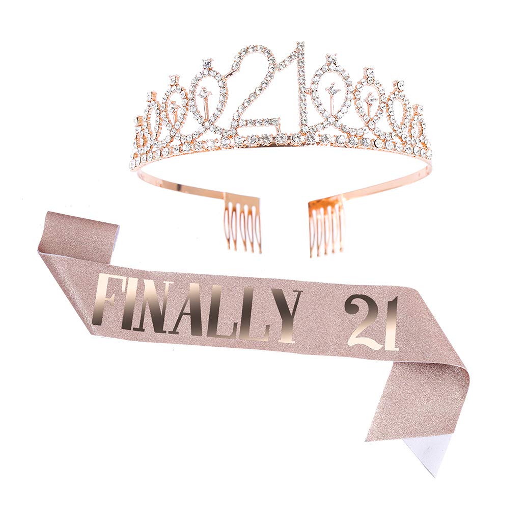 Topfunyy 21st Birthday Tiara and Sash Set - Finally 21 Rose Gold Sash Crystal Crown Birthday Gift for Girls 21st Birthday Party Supplies (Rose Gold)