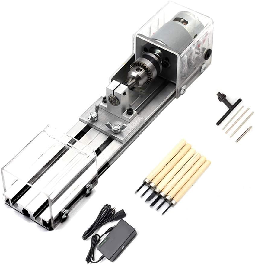Mini Lathe Beads Machine Woodwork,DC12-24V /96W DIY Lathe Standard Set with Power Carving Cutter Wood Lathe