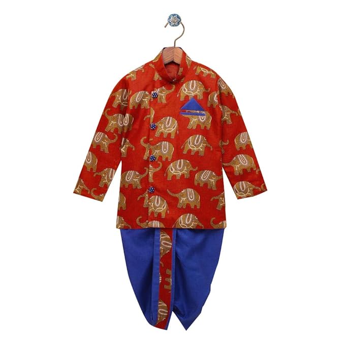 Bownbee By Hopscotch Baby Boys Manglagiri Silk Hathi Print Sherwani Style Dhoti Kurta In Orange Color