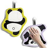 Kiluiu Hanging Hand Towels Coral Fleece 2-Pack, Quick Dry Highly Absorbent Soft Towels with Panda Print Embroidery for Kitchen Bathroom (Panda B)