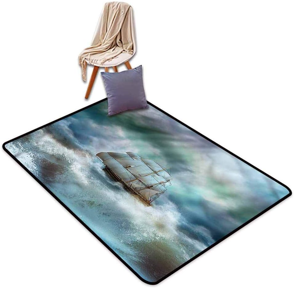 SkidResistant Rug,Ocean Pirate Ship on Wavy Sea,Rustic Home Decor,4'11