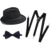 Soffpjy 1920s Mens Costume Fedora Hat Gatsby Gangster Accessories Suspenders & Pre Tied Bow Tie