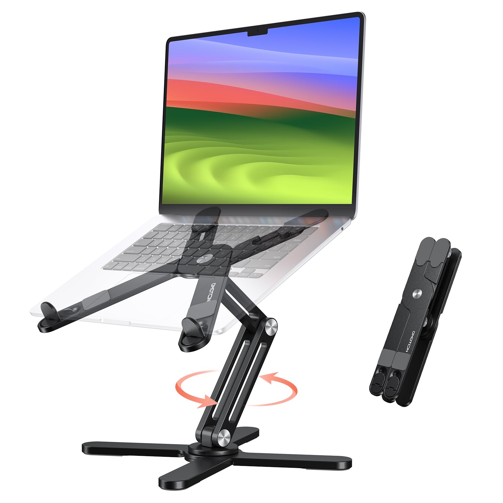 Photo 1 of OMOTON 360° Rotating Laptop Stand Riser for Desk, Ergonomic Foldable Computer Stand Adjustable Height Angles for Collaborative Work, Easy Storage Fit Macbooks,All Laptops up to 16 inches, Black