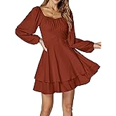 LYANER Women's Lantern Long Sleeve Wrap Tie Back Square Neck Double Layer Ruffle Hem A Line Short Mini Dress