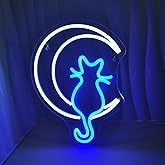 Moon Cat Neon Signs for Wall Decor White Blue LED Light Sign for Preppy Room Decor Light Up Sign for Birthday Party Decoration USB Powered