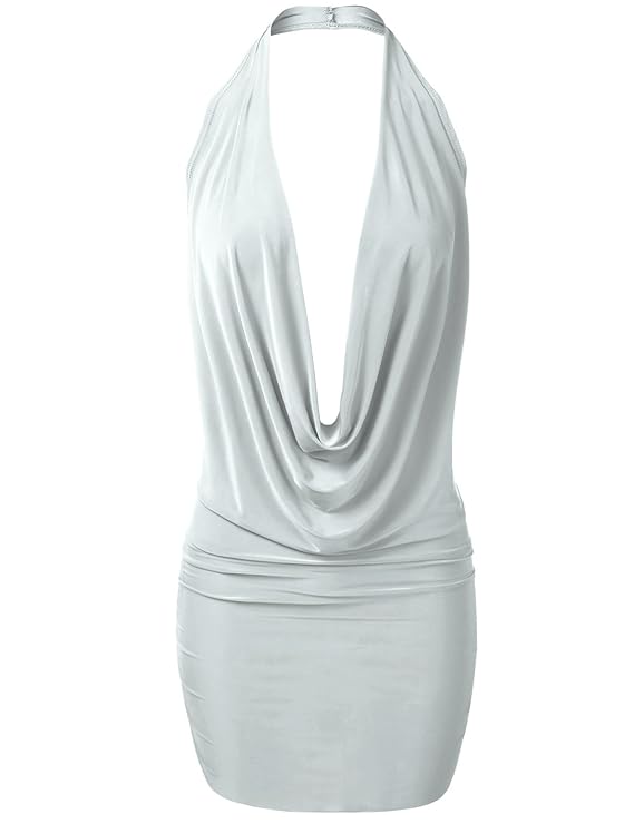 Luna Flower Women's Sexy Low Cut Halter Dress - Fitted Plunge Party Dress Silver Medium (GDRW064)