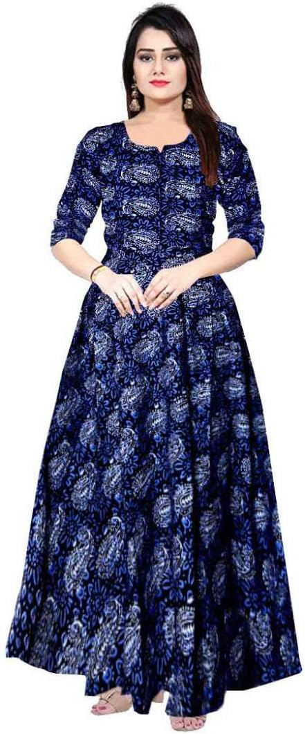 FrionKandy Women's A-Line Rayon Sanganeri Paisley Print Long Maxi Gown Dress - (Free Size Upto XXL, Blue)