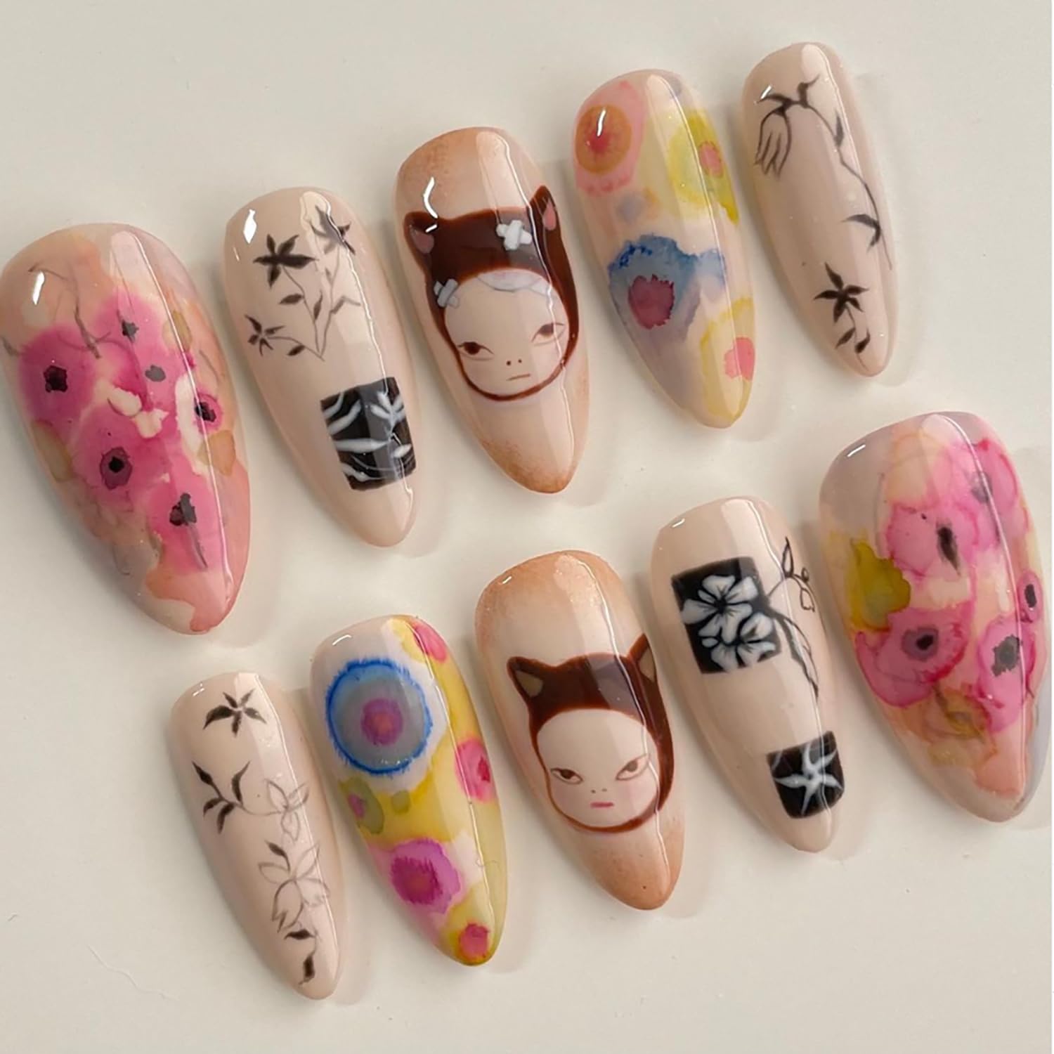 RIICFDD Cute Nails Almond Shape Press on Nails Medium Fake Nails Colorful Floral Acrylic Nails Cute Baby Nails Press ons Full Cover Glossy Glue on Nails for Women Nail Decoration 24 Pcs - Image 2