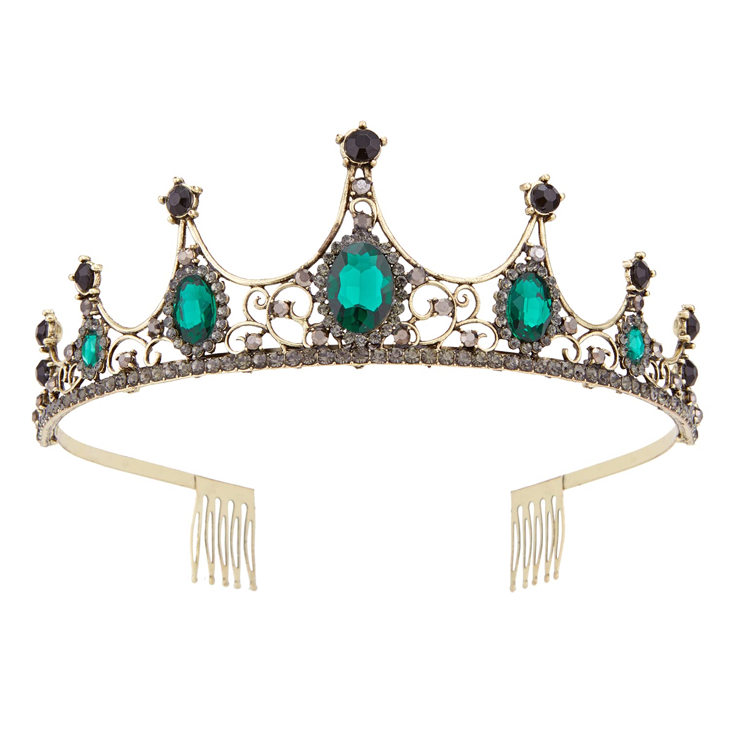 Vofler Gold Black Tiara Crown with Emerald - Baroque Vintage Crystal Green Rhinestone Headband for Women Queen Lady Girl Bride Princess Birthday Wedding Pageant Halloween Costume Party with Comb