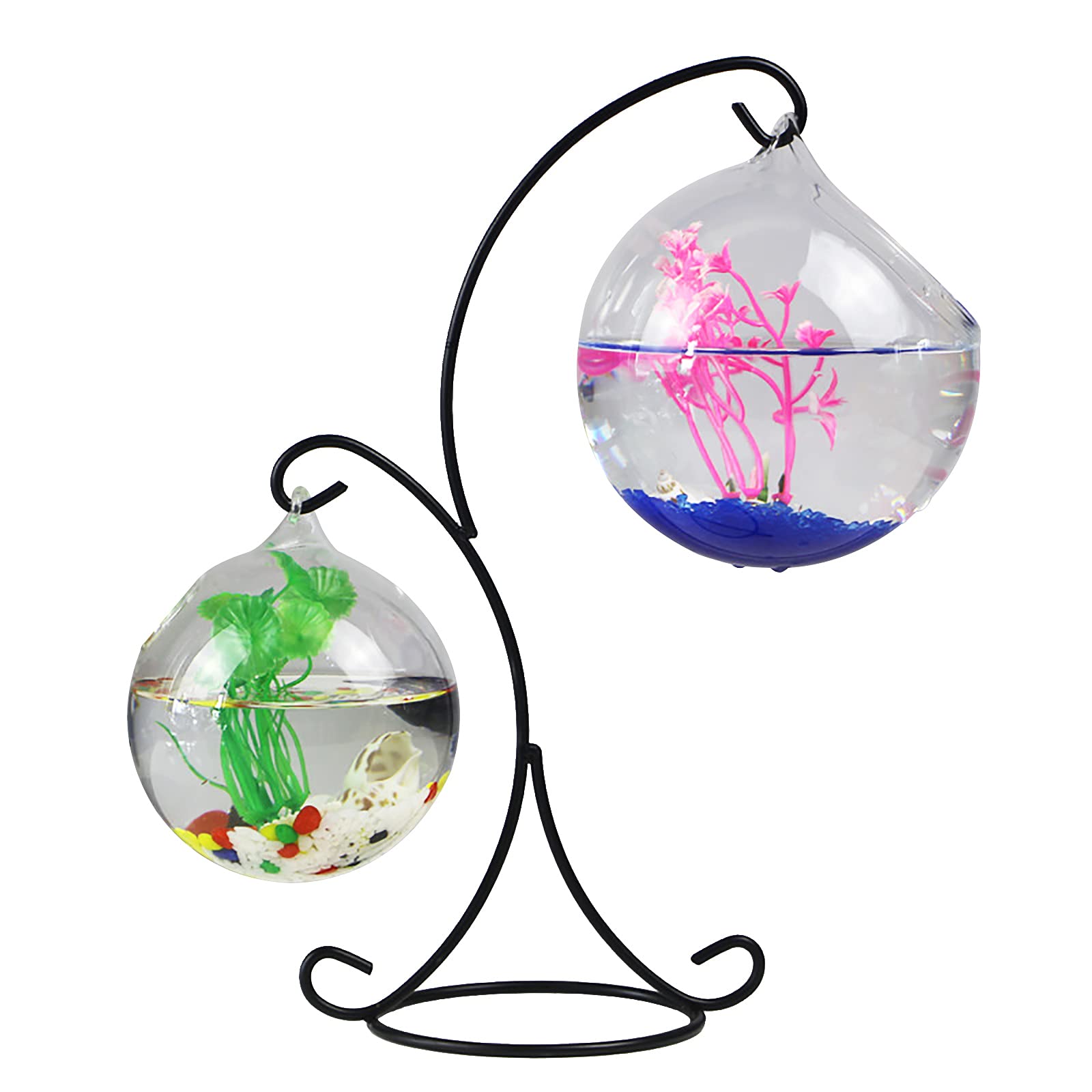 Hanging Fish Tank, Small Table Glass Fish Bowl, Mini Aquarium with Stand, Desk Hanging Fish Tank Bowl with Stand, Clear Plant Terrarium for Home Tabletop Office Garden Decor(A2)