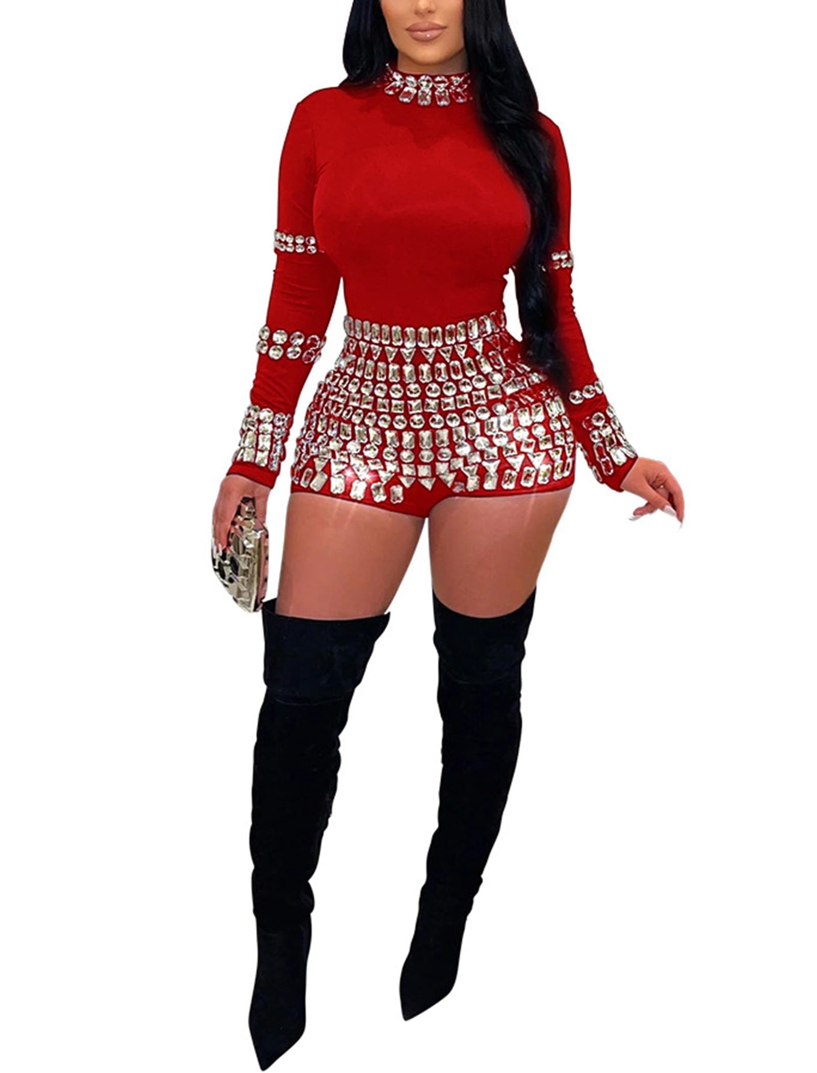 Photo 1 of chicyes Jumpsuits For Women Sexy Long Sleeve Bodycon Club Rompers Rhinestone Sparkly Party Outfits Red