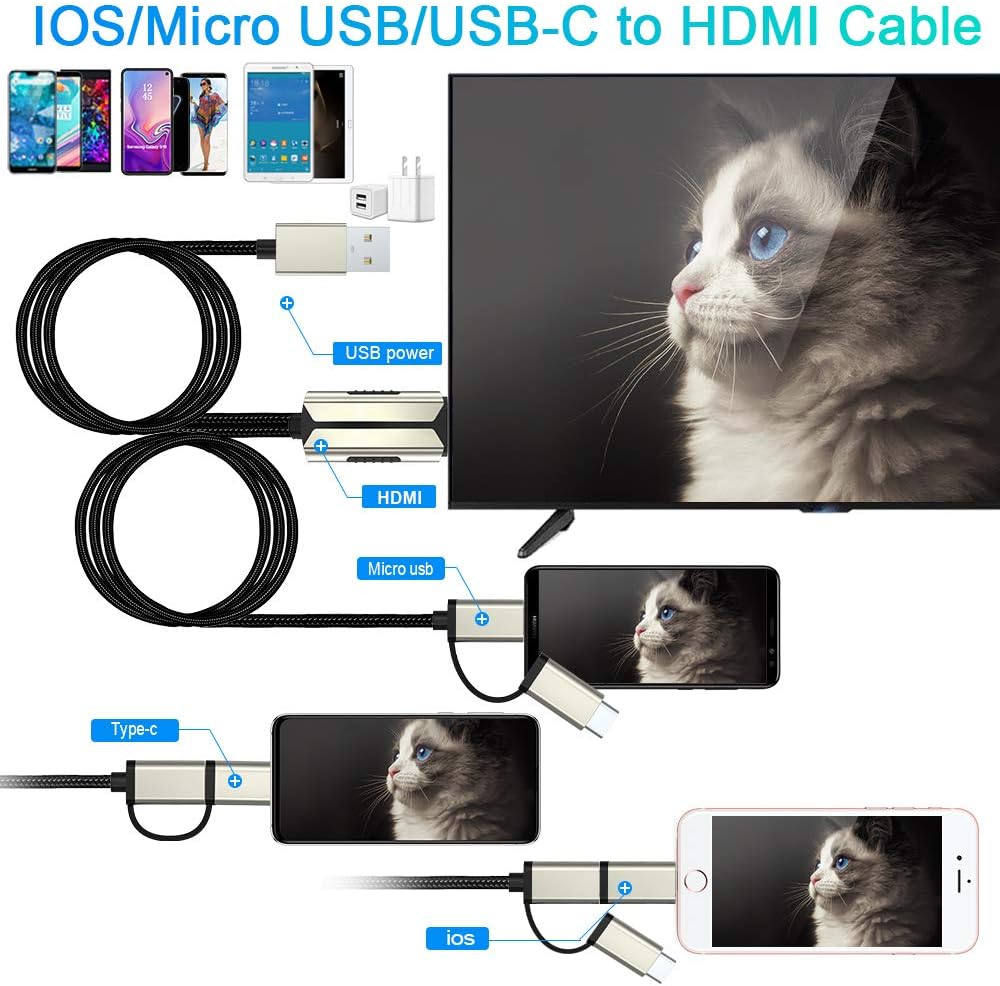 3 in 1 Phone to HDMI Cable, WEILIANTE HD Type-C/Micro USB/iOS to TV Projector 6.6ft 1080P MHL to HDMI Cable Compatible for iPhone iPad Android Samsung to TV Mirroring Cable: Electronics