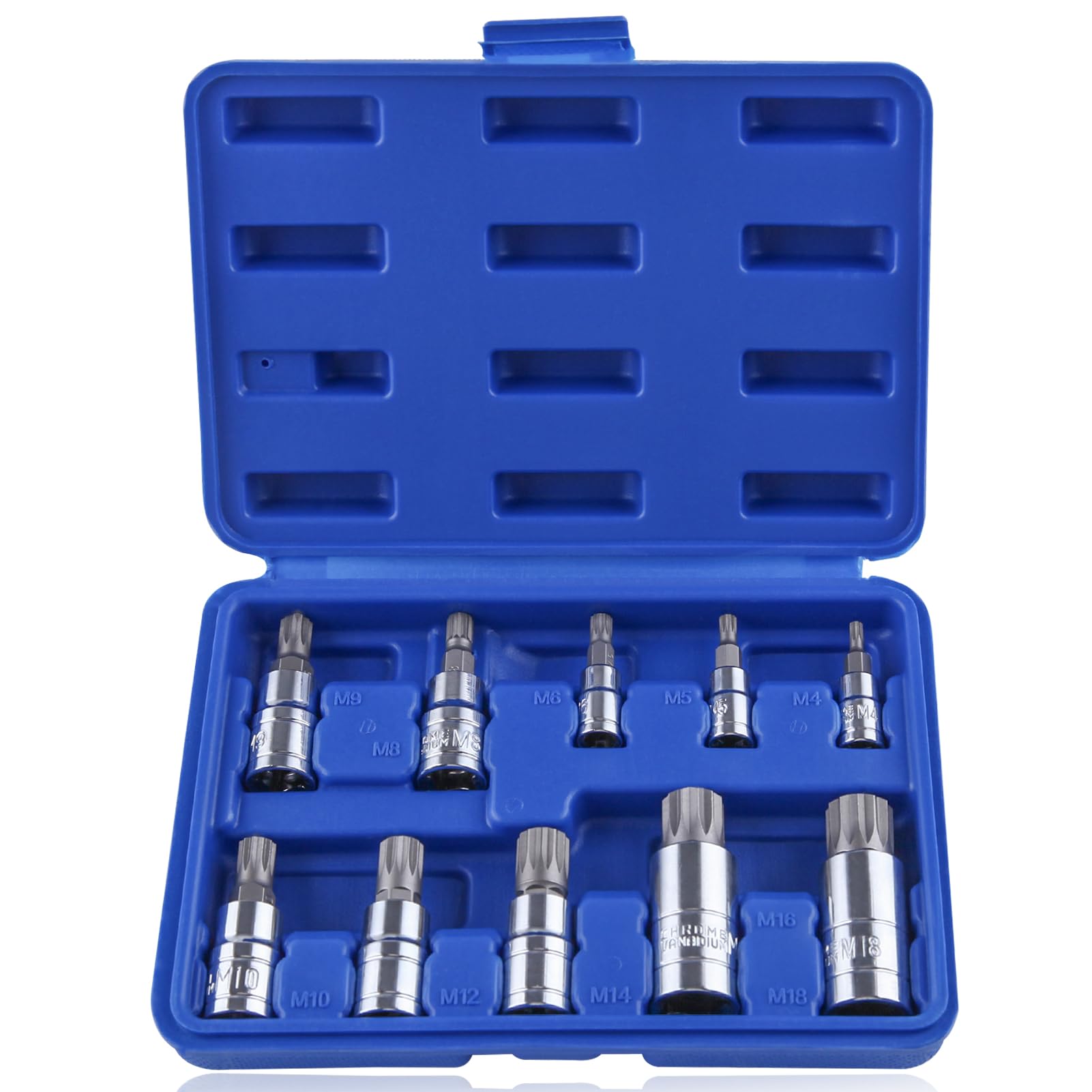 SPEEDWOX 10pcs Triple Square Spline Bit Socket Set with Enhanced Storage Case Spline Socket Bit Set Square Triple Silver Metric Size 4MM-18MM Chrome Vanadium Steel & S2 Alloy Steel