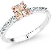 Gem Stone King 0.70 Cttw Peach Morganite and Lab Grown Diamond Engagement Ring for Women | 925 Sterling Silver and 10K Rose Gold | Gemstone Birthstone | 5MM Cushion | Available In Size 5, 6, 7, 8, 9