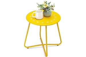 danpinera Outdoor Side Tables with Flower Cut Outs, Weather Resistant Steel Patio Side Table, Small Round Outdoor End Table Metal Side Table for Patio Yard Balcony Garden Yellow