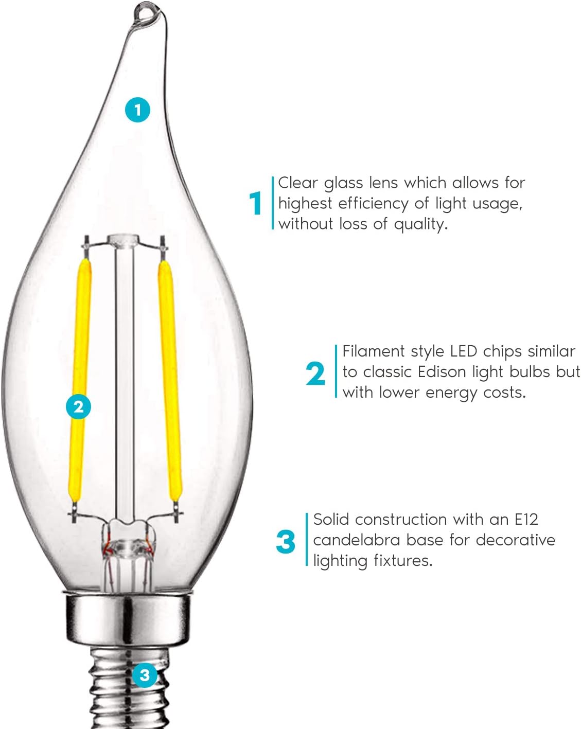 Luxrite 4W Vintage Candelabra LED Bulbs Dimmable, 400 Lumens, 5000K Bright White, LED Chandelier Light Bulbs 40W Equivalent, Flame Clear Glass, Filament LED Candle Bulb, UL Listed, E12 Base (12 Pack) - - 