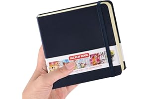 E-WEICHEN Square 5x5 inches 80gsm 96sheets/192 Pages Notebooks Blank Sketchbooks Travel Journal Pocket Hardcover Paint Writing Diary Memo Planner PU Leather Cover. Dark Blue