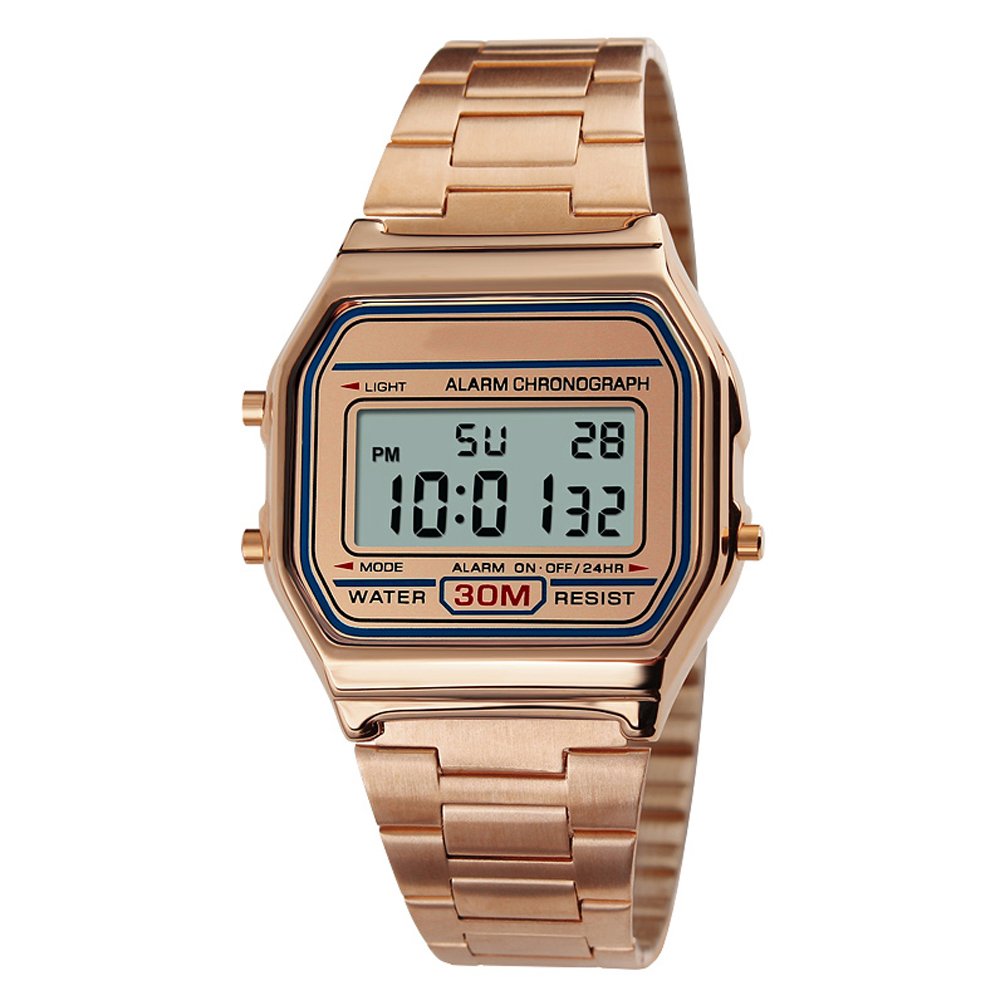 VIGOROSO Men Lady Vintage Retro Gold Stainless Steel Digital Casual Watch Alarm Stopwatch