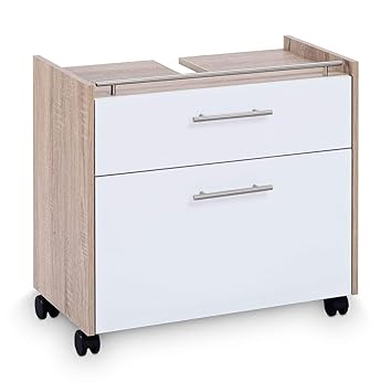 Galdem Waschbeckenunterschrank Elegance mit 2 Schubladen und Rollenfüßen Bad Möbel Badschrank Gäste WC Gästebad Waschtisch Unterschrank Holz Sonoma Oak Weiß