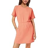 SENSERISE Tshirt Dress Women Short Sleeve Dress with Pockets Crewneck Solid Color Basic Casual Lounge Dresses(Coral Pink,XL)